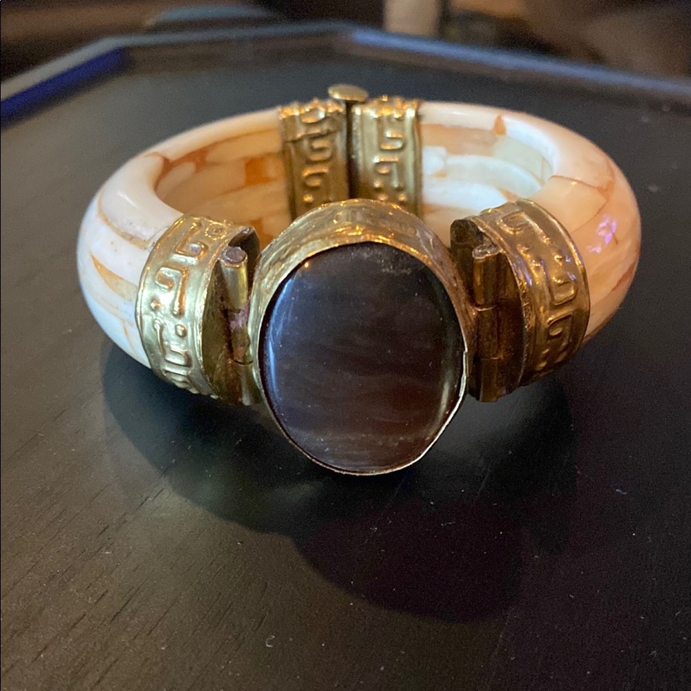 Vintage Tibetan Bone and Jasper Hinged Bracelet